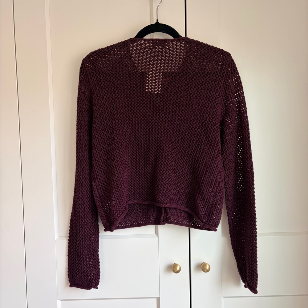 Evereve Burgundy Emery Open Stitch Cardigan with Gold Buttons | XS - Picture 5 of 7